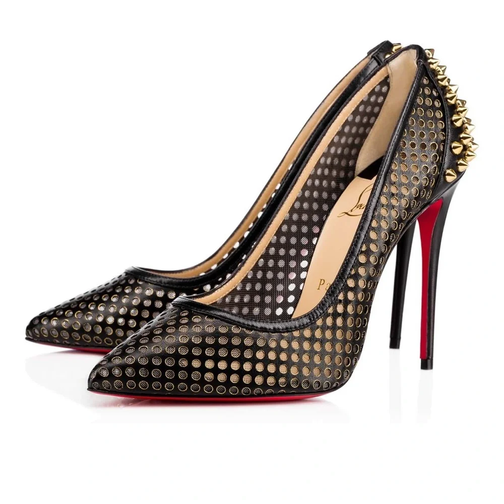 christian louboutin guni black leather gold spike stiletto sz 38.5 preowned